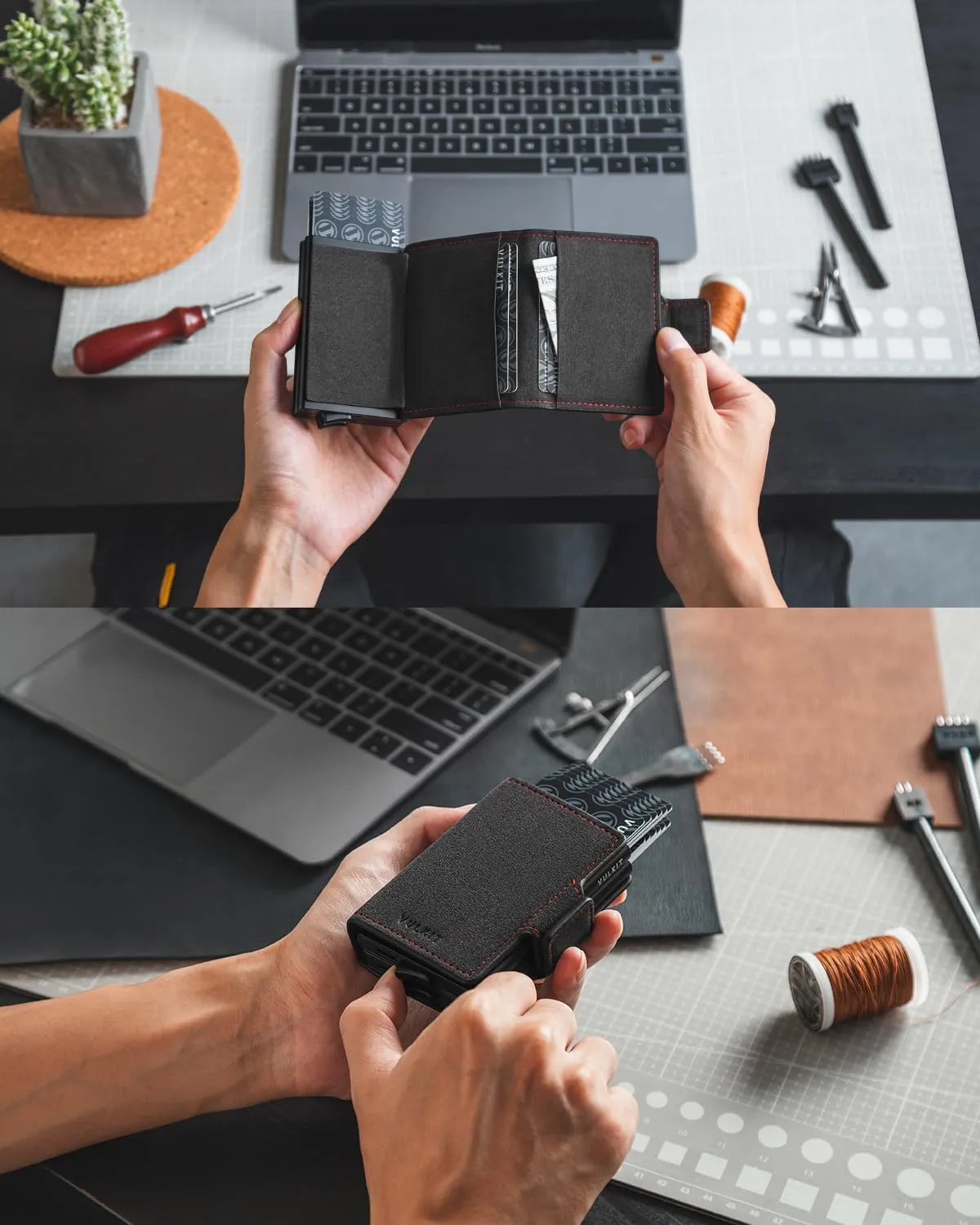 VULKIT Credit Card Holder RFID Blocking Leather Automatic Pop Up Wallet Magnetic Wallet Double Card Case for Men and Women