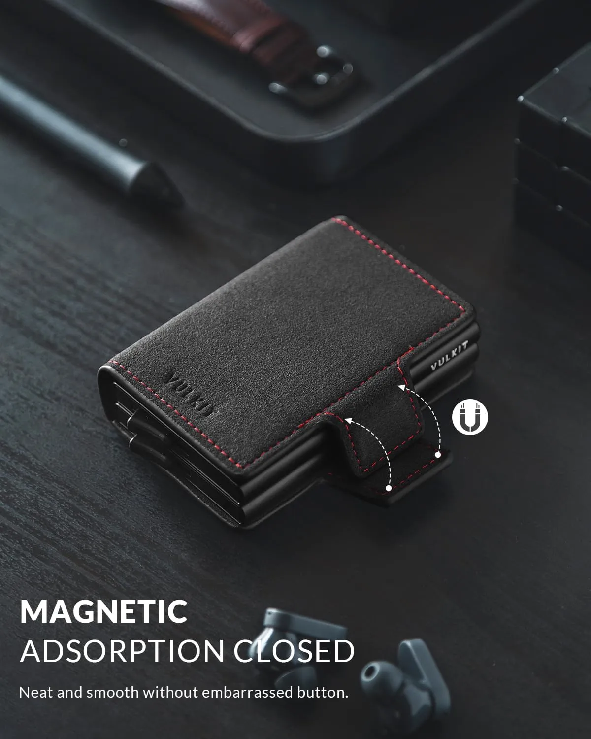 VULKIT Credit Card Holder RFID Blocking Leather Automatic Pop Up Wallet Magnetic Wallet Double Card Case for Men and Women