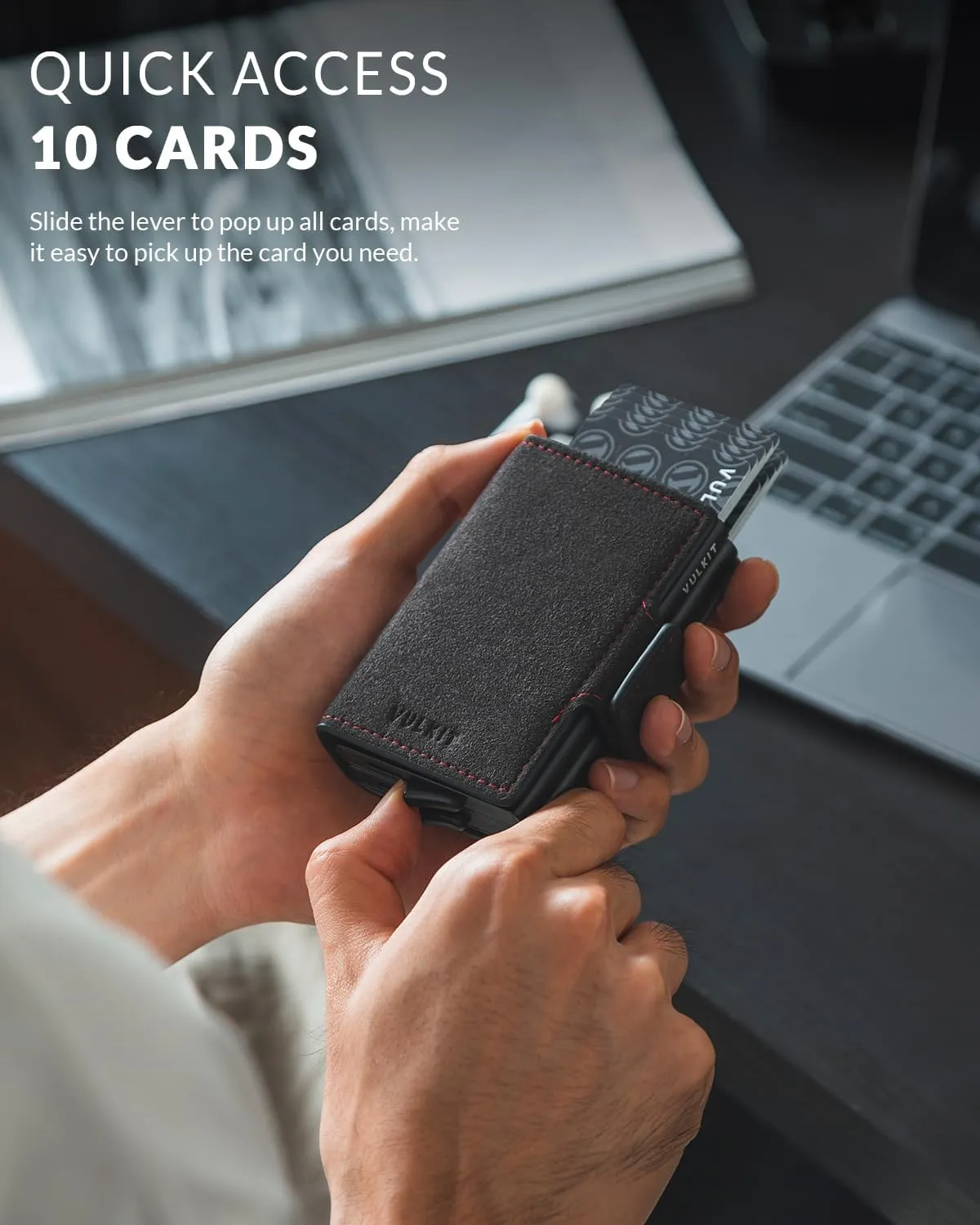 VULKIT Credit Card Holder RFID Blocking Leather Automatic Pop Up Wallet Magnetic Wallet Double Card Case for Men and Women