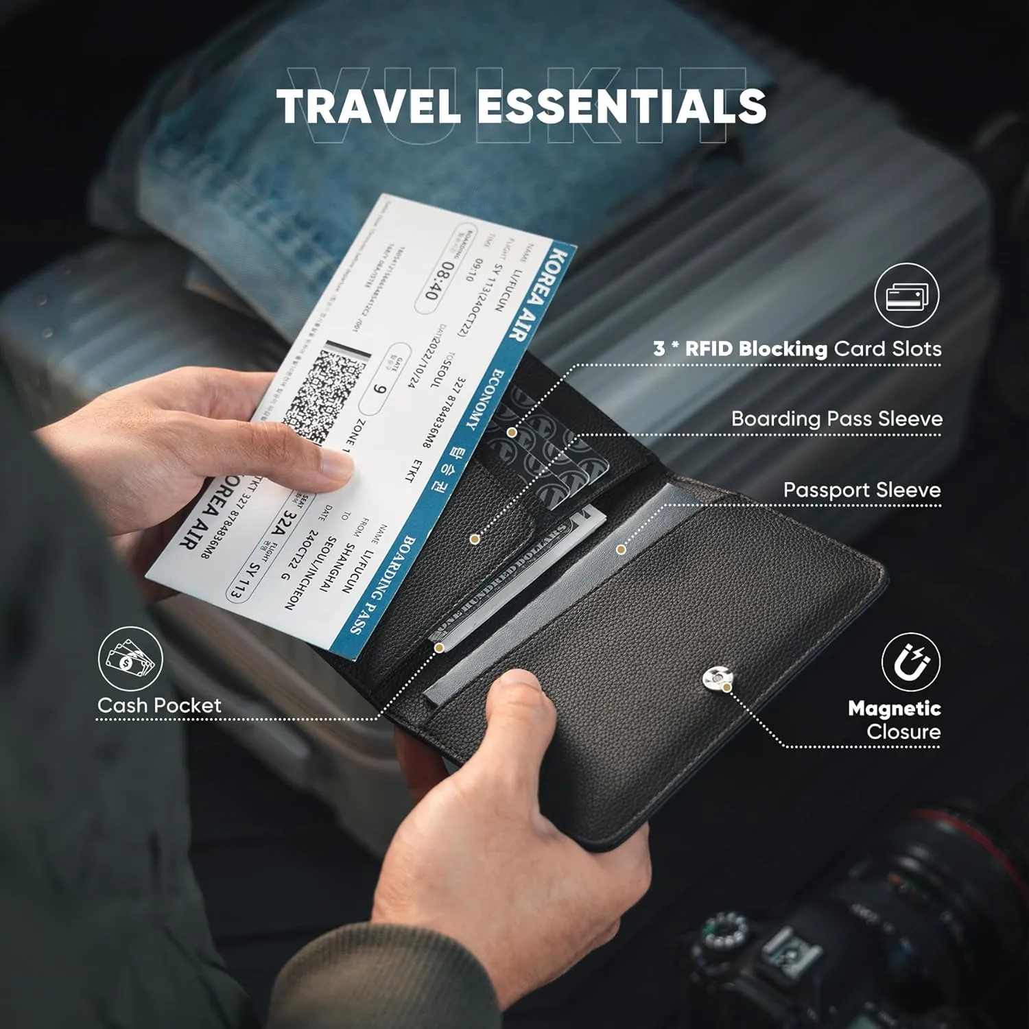 VULKIT Passport Holder Magnetic Closure RFID Blocking Travel Wallet Passport Book Cover Boarding Pass Holder Travel Essentials