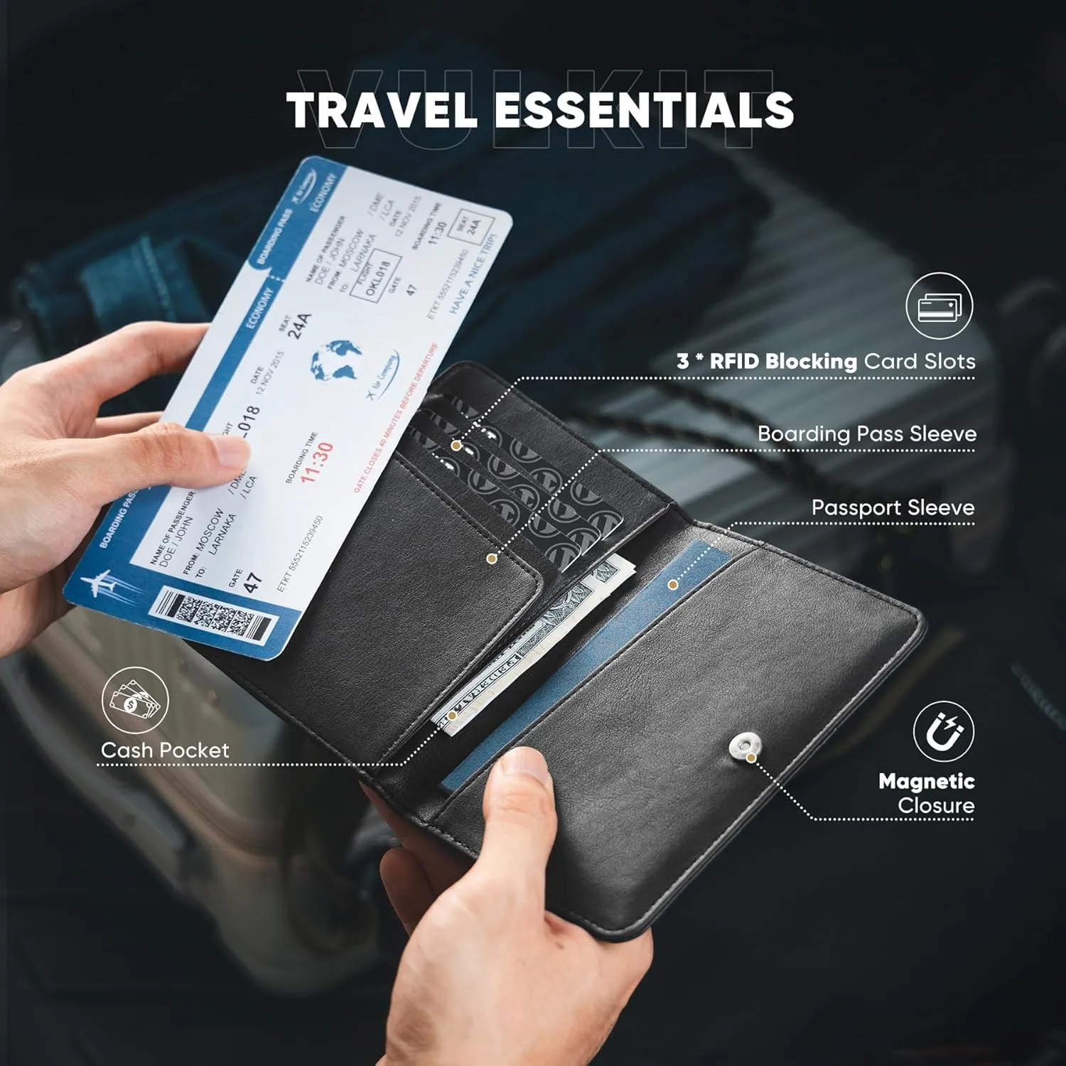 VULKIT Passport Holder Magnetic Closure RFID Blocking Travel Wallet Passport Book Cover Boarding Pass Holder Travel Essentials