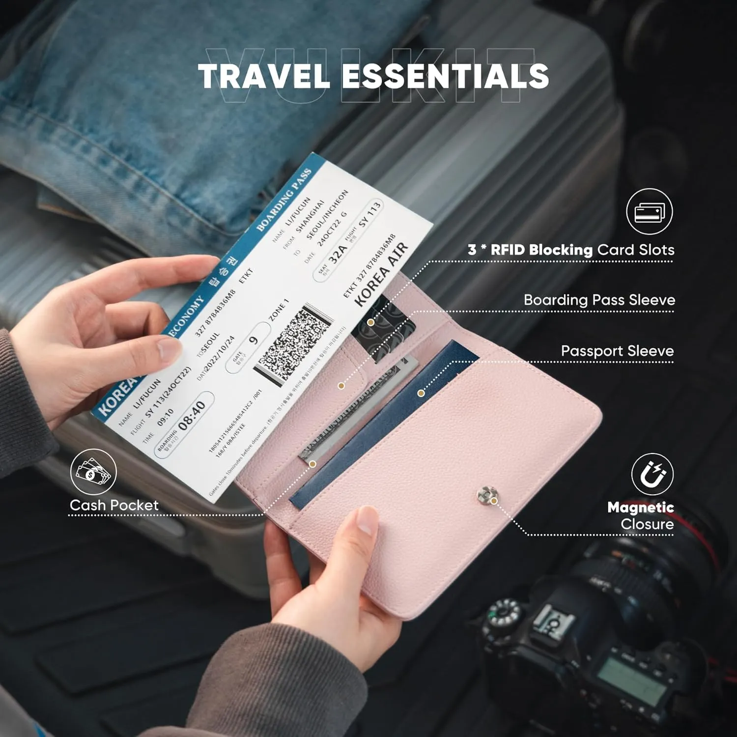 VULKIT Passport Holder Magnetic Closure RFID Blocking Travel Wallet Passport Book Cover Boarding Pass Holder Travel Essentials
