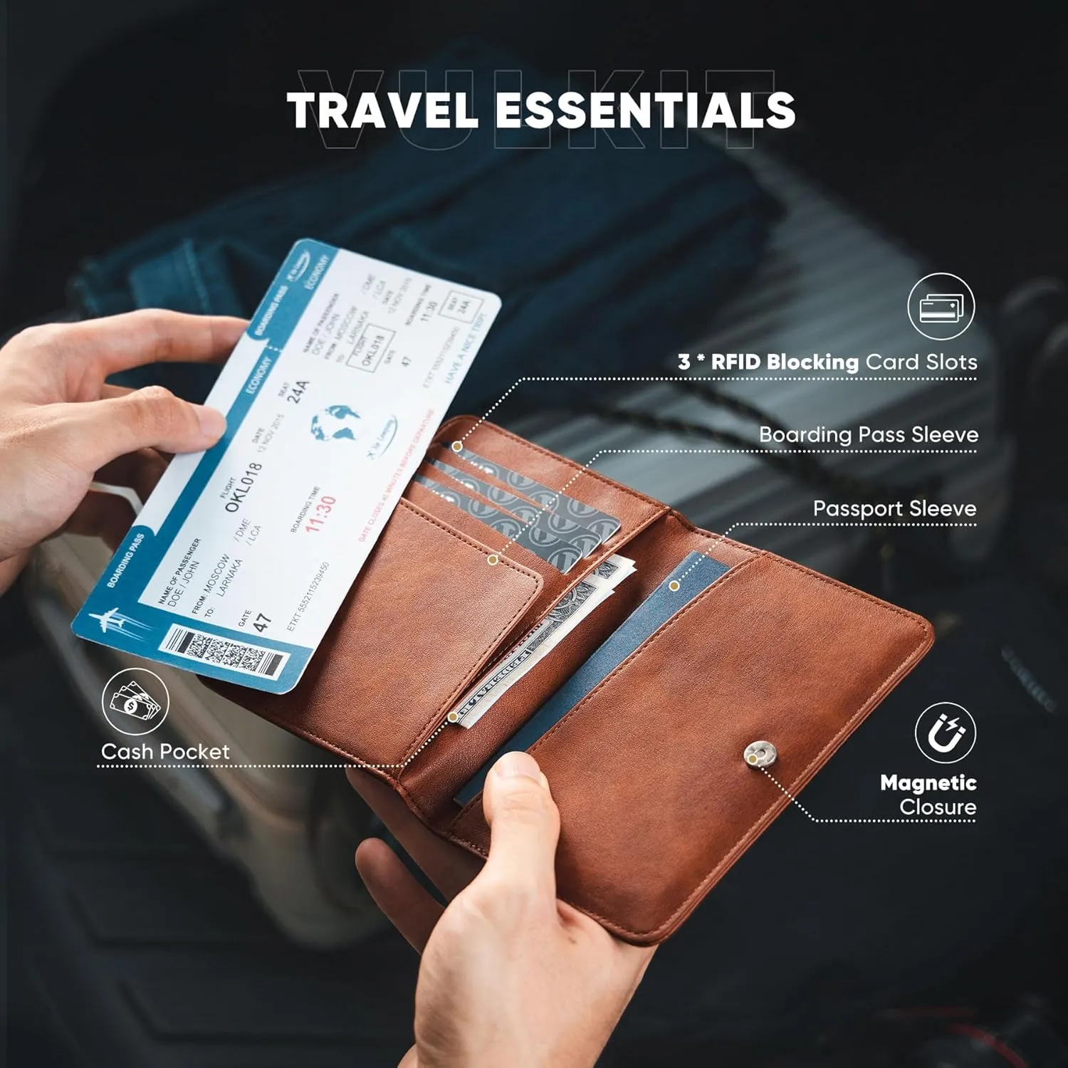 VULKIT Passport Holder Magnetic Closure RFID Blocking Travel Wallet Passport Book Cover Boarding Pass Holder Travel Essentials