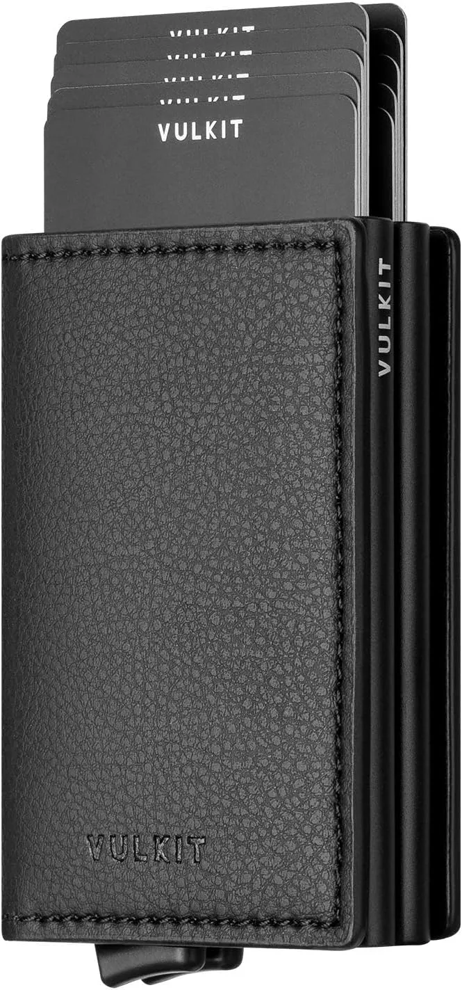 VULKIT Pop Up Wallet Automatic Leather Slim Credit Card Holder RFID Blocking Metal Double Card Case for Men and Women Black