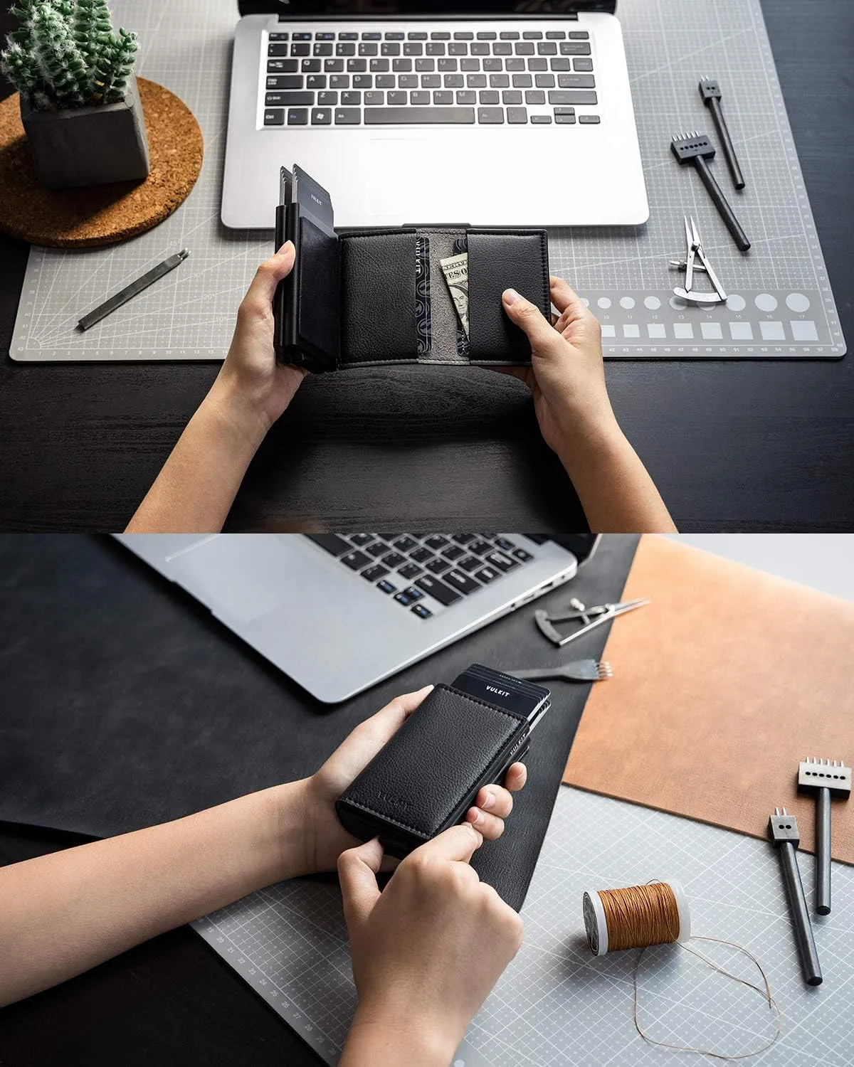 VULKIT Pop Up Wallet Automatic Leather Slim Credit Card Holder RFID Blocking Metal Double Card Case for Men and Women Black