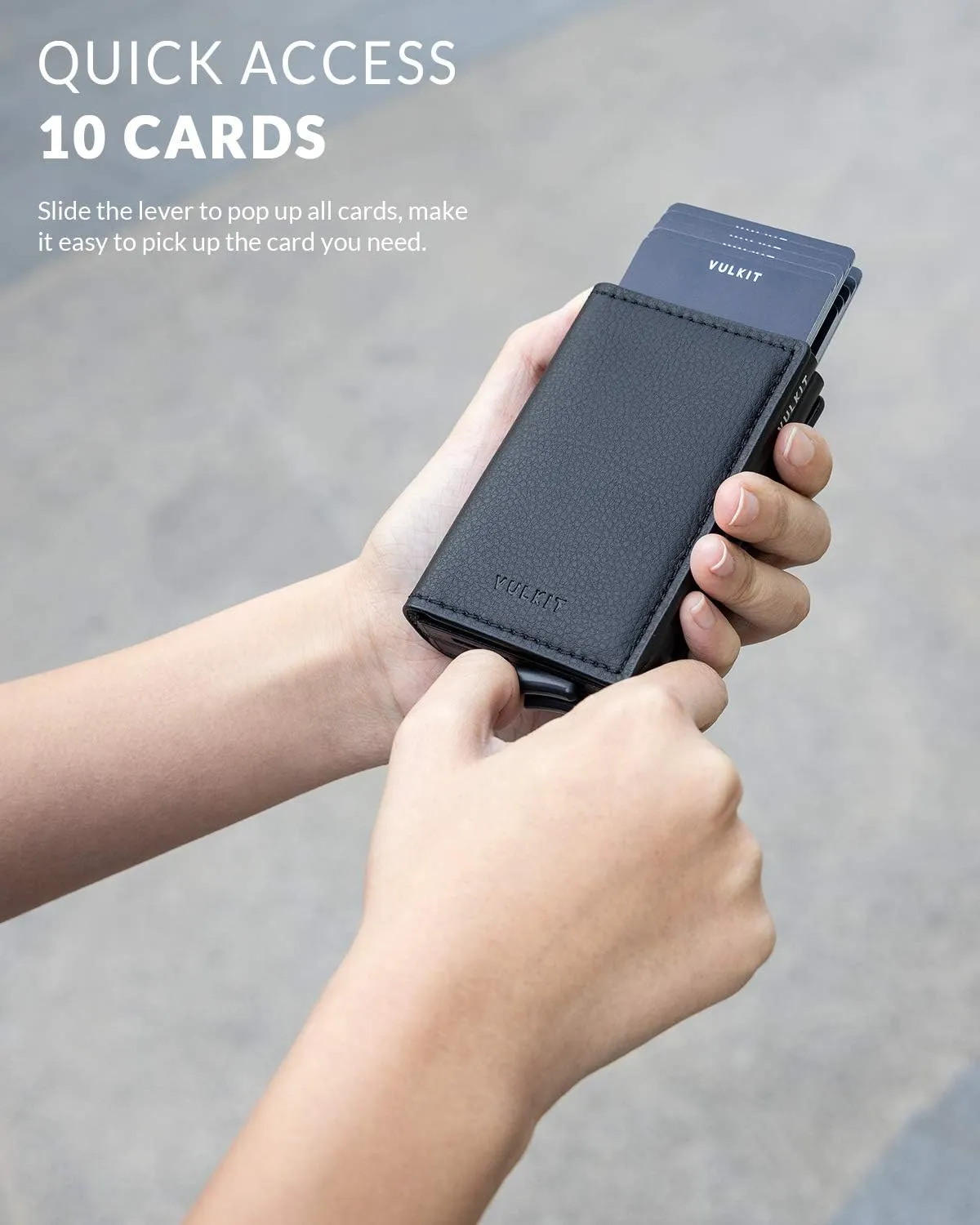 VULKIT Pop Up Wallet Automatic Leather Slim Credit Card Holder RFID Blocking Metal Double Card Case for Men and Women Black