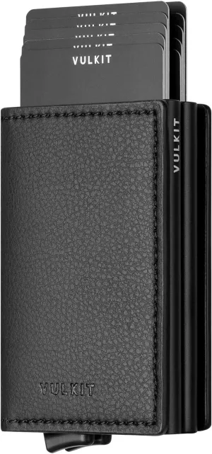 VULKIT Pop Up Wallet Automatic Leather Slim Credit Card Holder RFID Blocking Metal Double Card Case for Men and Women Black