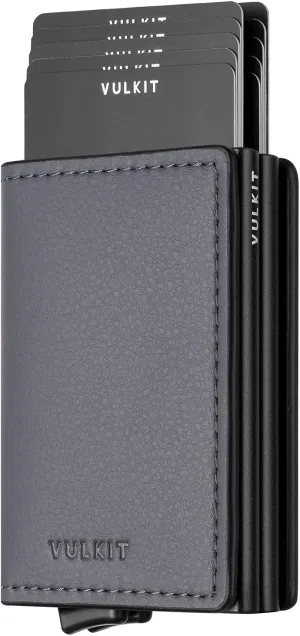 VULKIT Pop Up Wallet Automatic Leather Slim Credit Card Holder RFID Blocking Metal Double Card Case for Men and Women Iron Grey