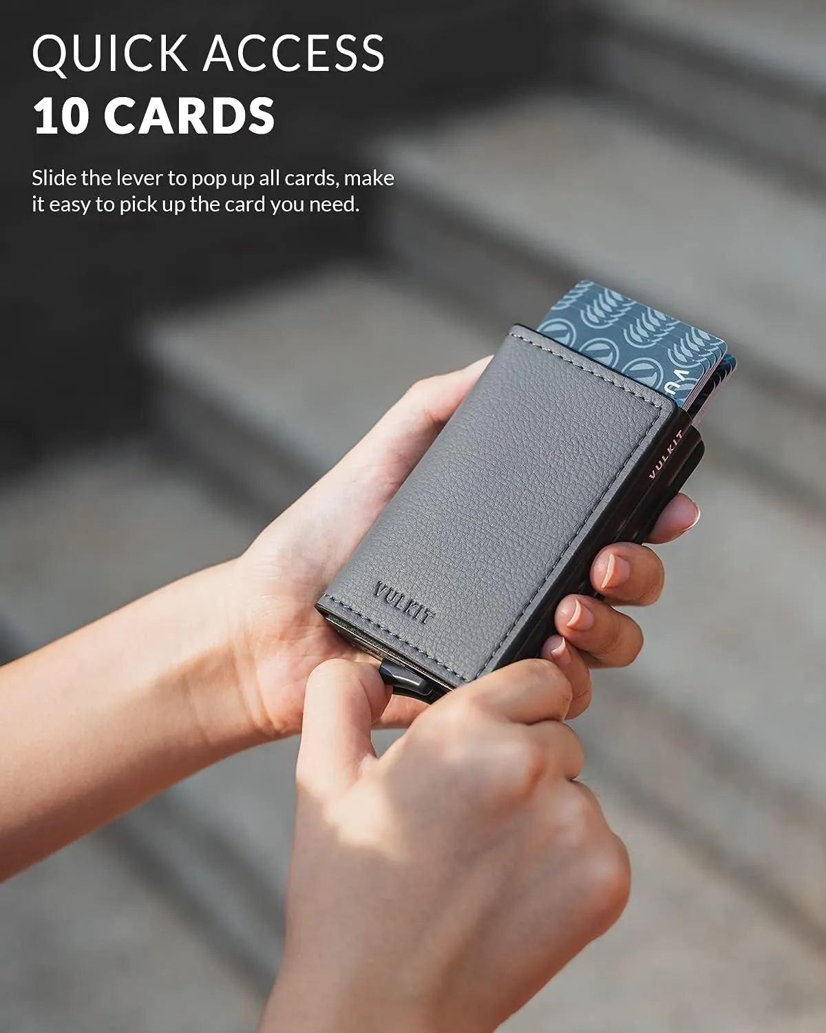 VULKIT Pop Up Wallet Automatic Leather Slim Credit Card Holder RFID Blocking Metal Double Card Case for Men and Women Iron Grey