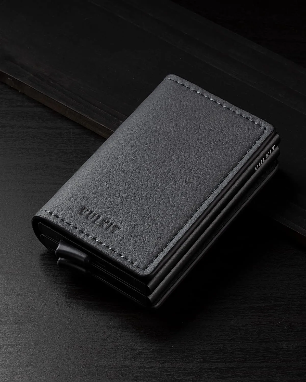 VULKIT Pop Up Wallet Automatic Leather Slim Credit Card Holder RFID Blocking Metal Double Card Case for Men and Women Iron Grey