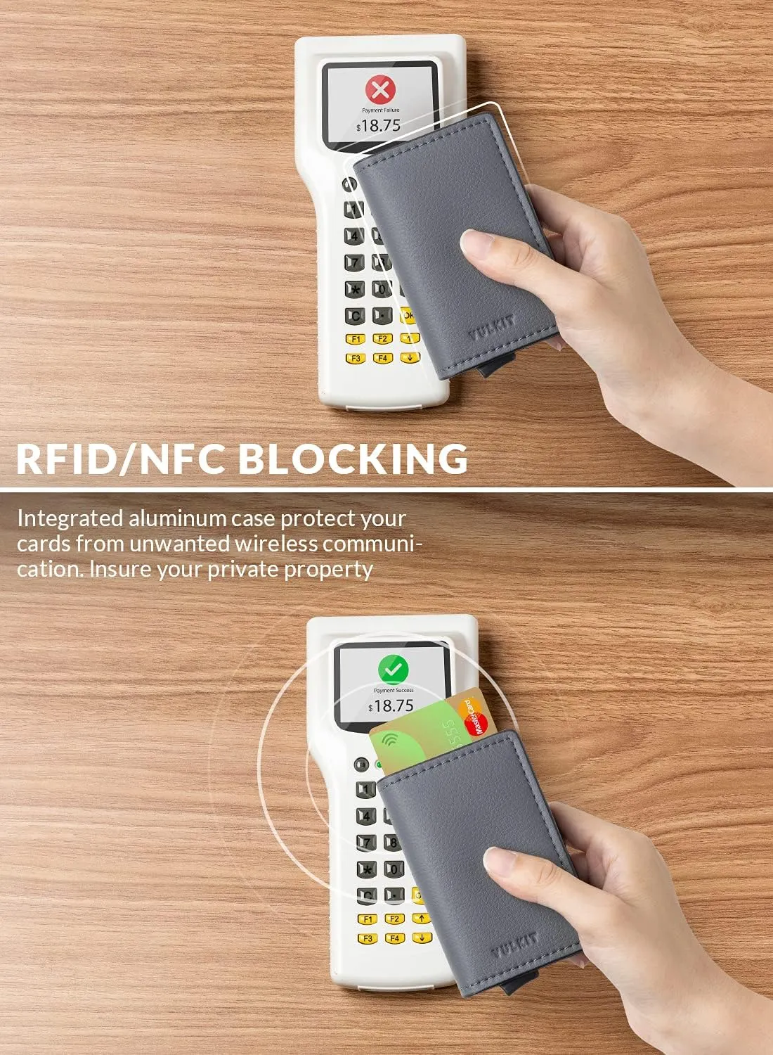 VULKIT Pop Up Wallet Automatic Leather Slim Credit Card Holder RFID Blocking Metal Double Card Case for Men and Women Iron Grey