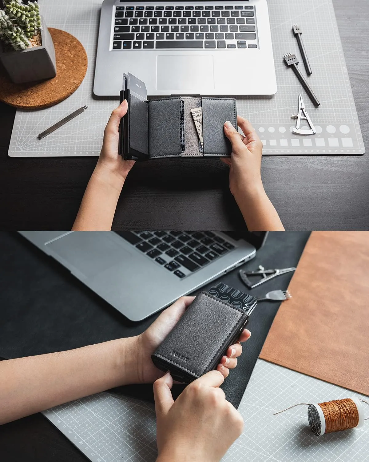 VULKIT Pop Up Wallet Automatic Leather Slim Credit Card Holder RFID Blocking Metal Double Card Case for Men and Women Iron Grey