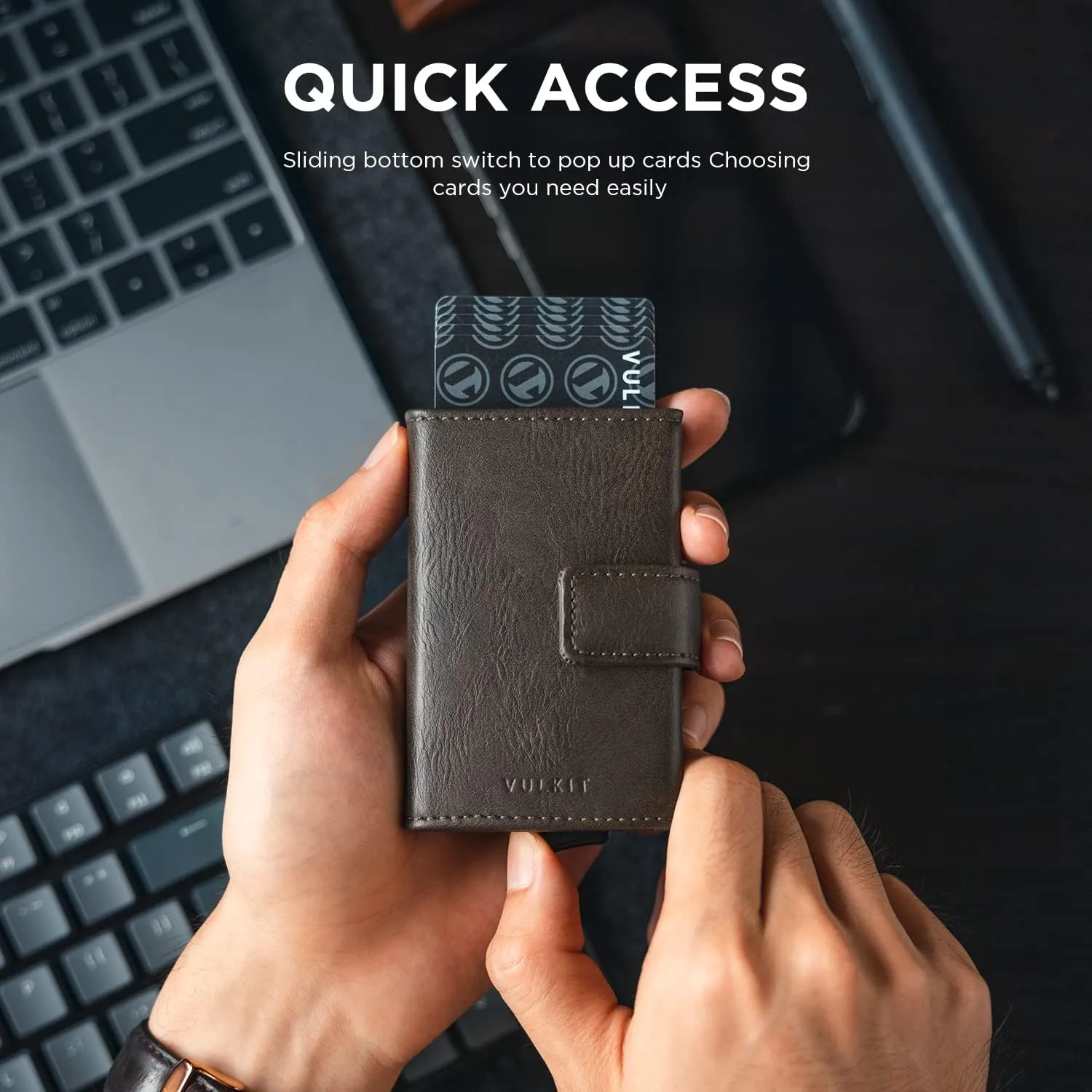 VULKIT RFID Card Wallet for Men, Slim Compact Men's Wallet, Leather RFID Blocking Credit Card Holder Wallet, Trifold Thin Metal Security Pop Up Wallet, Gift Box Packing