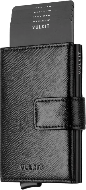 VULKIT RFID Card Wallet for Men, Slim Compact Men's Wallet, Leather RFID Blocking Credit Card Holder Wallet, Trifold Thin Metal Security Pop Up Wallet, Gift Box Packing