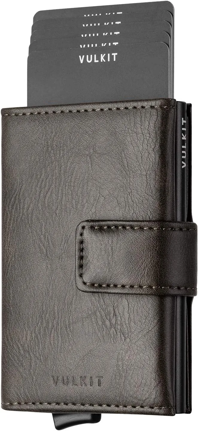 VULKIT RFID Card Wallet for Men, Slim Compact Men's Wallet, Leather RFID Blocking Credit Card Holder Wallet, Trifold Thin Metal Security Pop Up Wallet, Gift Box Packing