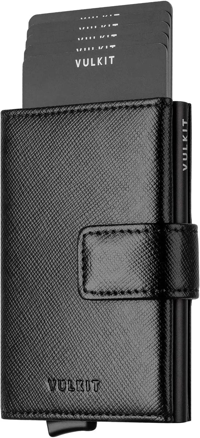 VULKIT RFID Card Wallet for Men, Slim Compact Men's Wallet, Leather RFID Blocking Credit Card Holder Wallet, Trifold Thin Metal Security Pop Up Wallet, Gift Box Packing