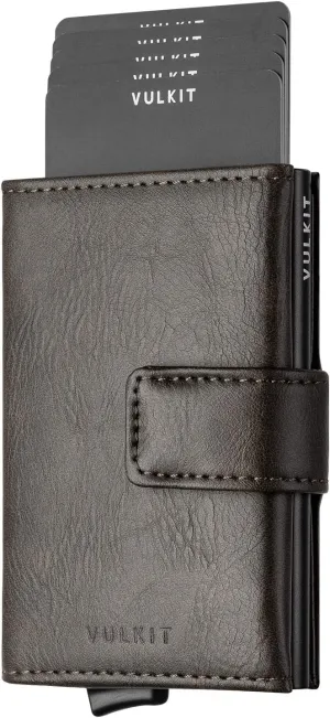 VULKIT RFID Card Wallet for Men, Slim Compact Men's Wallet, Leather RFID Blocking Credit Card Holder Wallet, Trifold Thin Metal Security Pop Up Wallet, Gift Box Packing