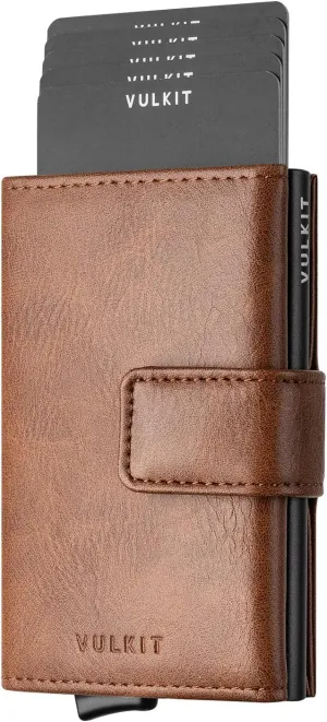 VULKIT RFID Card Wallet for Men, Slim Compact Men's Wallet, Leather RFID Blocking Credit Card Holder Wallet, Trifold Thin Metal Security Pop Up Wallet, Gift Box Packing