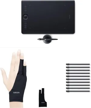 Wacom Intuos Pro Medium Bluetooth Graphics Drawing Tablet & Drawing Glove, Two-Finger Artist Glove (1 Pack) & Standard Nibs for Digital Pro Pen 2 (10 Pack) (ACK22211)