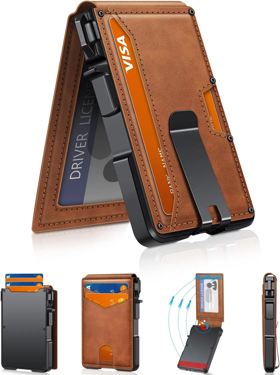 Wallet for Men, Mens Minimalist Wallet 9-13 Cards, Slim Compact Wallet with Money Clip & ID Window, RFID Blocking Smart Pop Up Card Wallet, Metal Aluminum Credit Card Holder Bifold Wallet