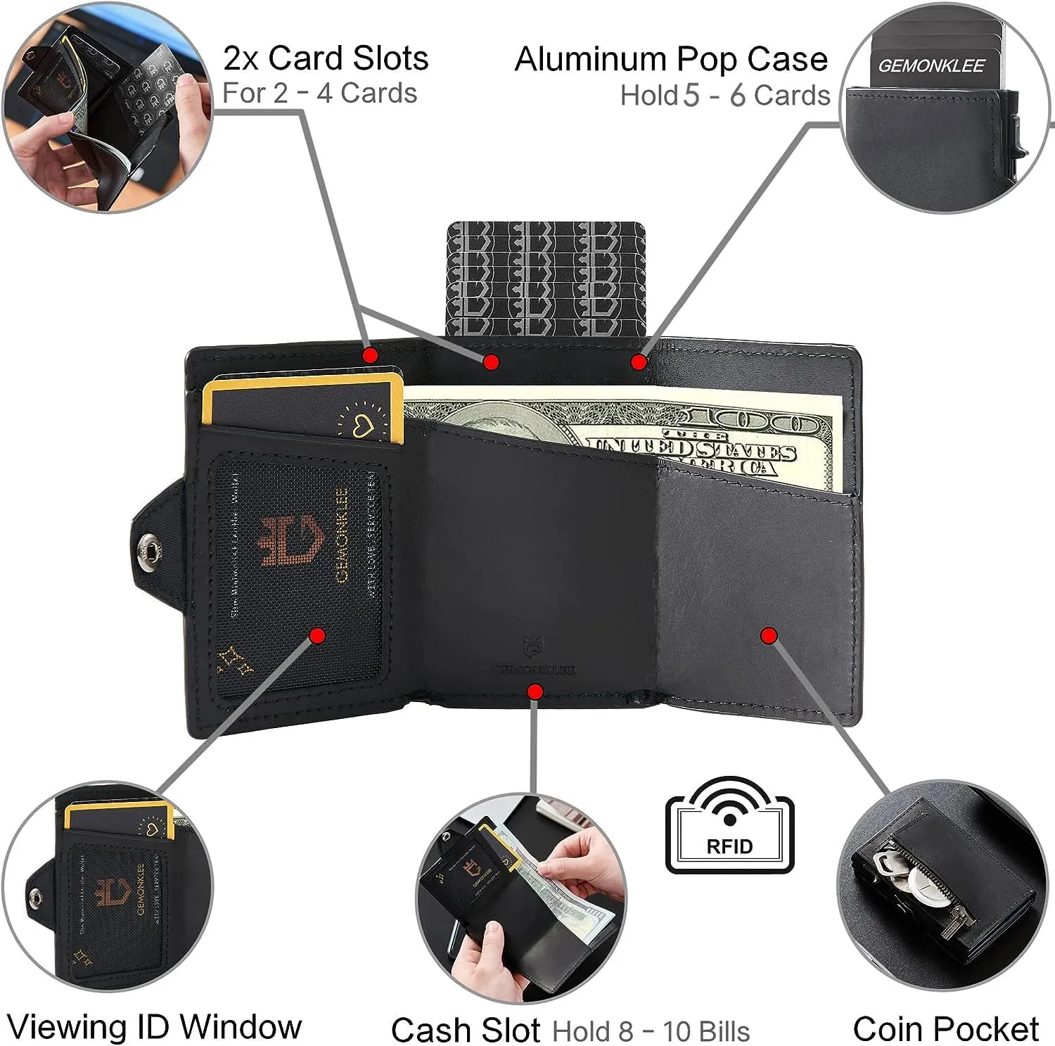 Wallet For Men Pop up Card Wallet RFID Blocking Slim Aluminum Metal Bank Card Holder Case with Business Money Pocket for Credit Cards Notes and Coins (Black)