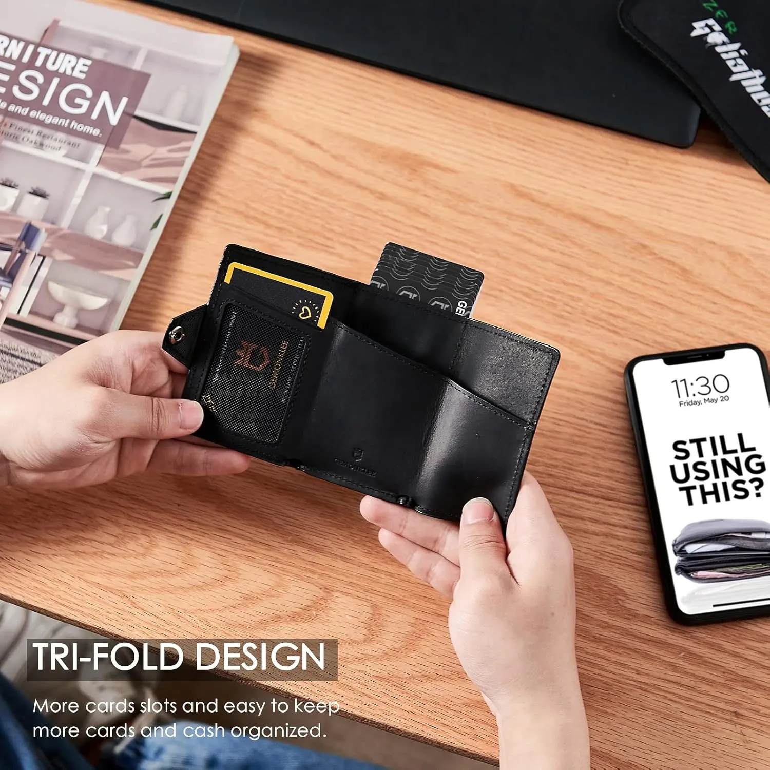 Wallet For Men Pop up Card Wallet RFID Blocking Slim Aluminum Metal Bank Card Holder Case with Business Money Pocket for Credit Cards Notes and Coins (Black)