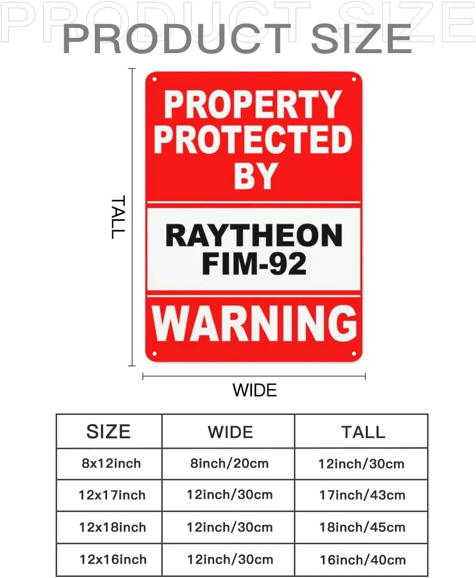 Warning Notice Traffic sign,Property Protected By Raytheon FIM-92 Warning Sign,Aluminum Safety Danger Tin Road Safety Signs For Workplace