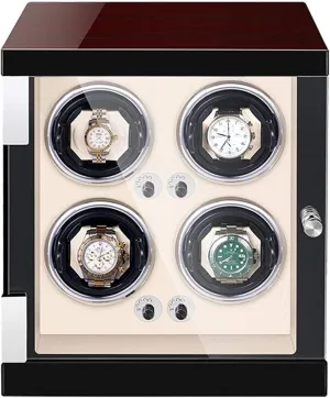 Watch Winder Box for 4 Automatic Watches Flexible Watch Pillows Built-in Led Light Piano Paint Finish Quiet Motor Accessories Black, (White)