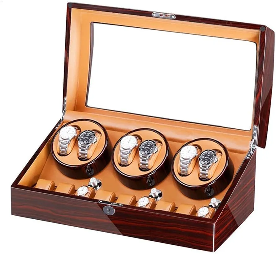 Watch Winder Box for 6 Automatic Watches   7 Storage Quiet Motor Wood Shell Piano Paint Exterior Large Capacity (E)