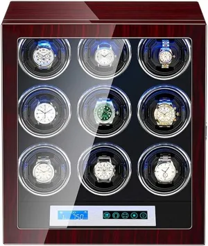 Watch Winder Box for 9 Automatic Watches Touch Display Screen Built-in LED Light Piano Paint Exterior Quiet Motor Watch Winder for Automatic Watches