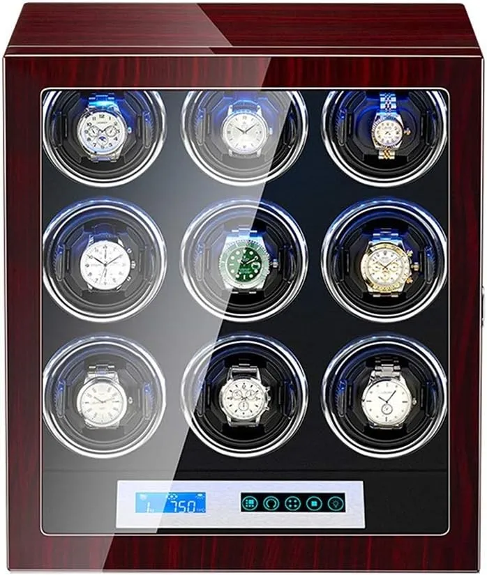 Watch Winder Box for 9 Automatic Watches Touch Display Screen Built-in LED Light Piano Paint Exterior Quiet Motor Watch Winder for Automatic Watches