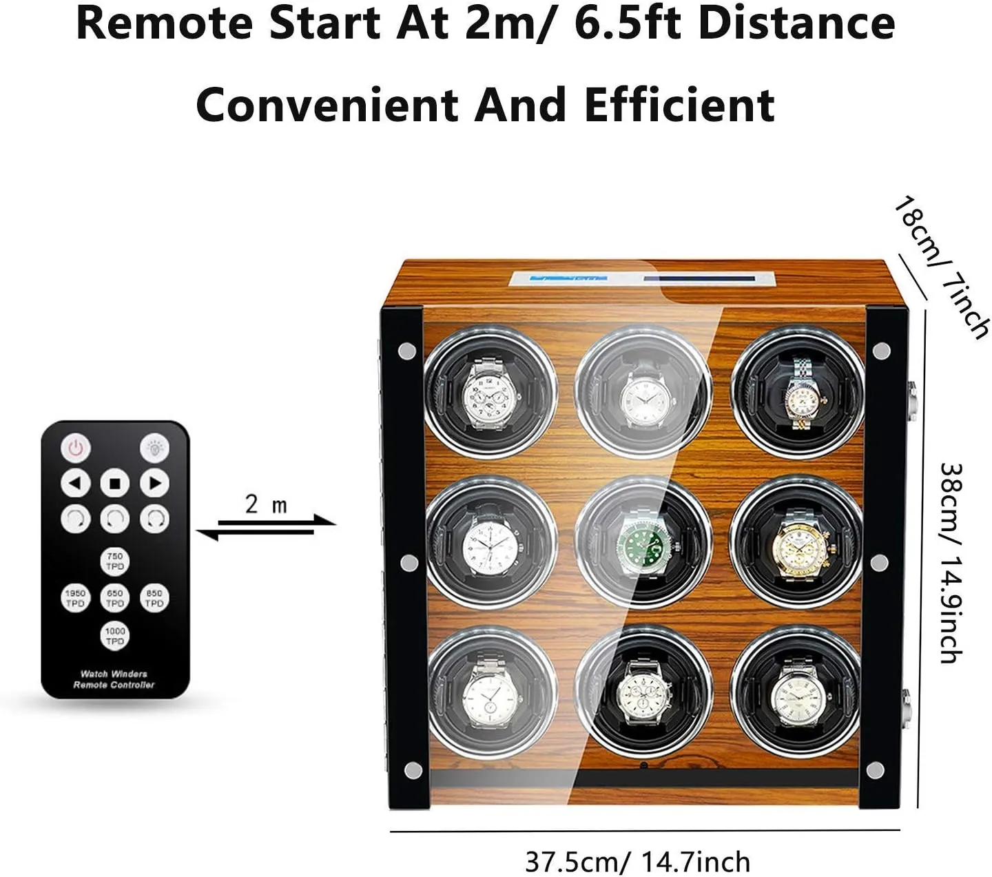 Watch Winder for 9 Automatic Watch with Led Illumination LCD Touch Screen Display Piano Finish Super Quiet Motor,Brown
