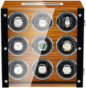 Watch Winder for 9 Automatic Watch with Led Illumination LCD Touch Screen Display Piano Finish Super Quiet Motor,Brown