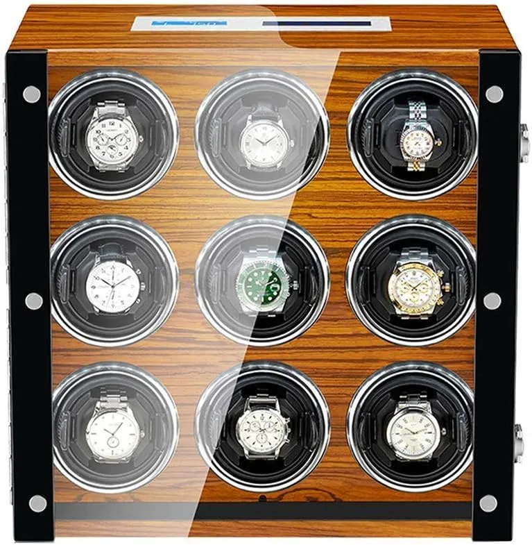Watch Winder for 9 Automatic Watch with Led Illumination LCD Touch Screen Display Piano Finish Super Quiet Motor,Brown