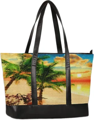 Watercolor Coconut Tree Island Laptop Tote Bag for Women Lightweight Work Purse with Multiple Compartments Fits 13-15.6 Inch Laptop Tablet Shoulder Bag for Office Travel Daily Use