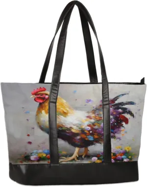 Watercolor Rooster Flowers Laptop Tote Bag for Women Lightweight Work Purse with Multiple Compartments Fits 13-15.6 Inch Laptop Tablet Shoulder Bag for Office Travel Daily Use