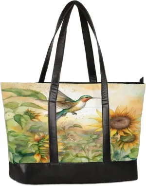 Watercolor Sunflower Bird Laptop Tote Bag for Women Lightweight Work Purse with Multiple Compartments Fits 13-15.6 Inch Laptop Tablet Shoulder Bag for Office Travel Daily Use