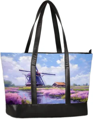 Watercolor Windmill River Flower Laptop Tote Bag for Women Lightweight Work Purse with Multiple Compartments Fits 13-15.6 Inch Laptop Tablet Shoulder Bag for Office Travel Daily Use