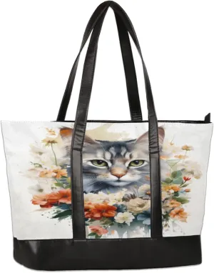 Watercolour Cat Wreath Laptop Tote Bag for Women Lightweight Work Purse with Multiple Compartments Fits 13-15.6 Inch Laptop Tablet Shoulder Bag for Office Travel Daily Use
