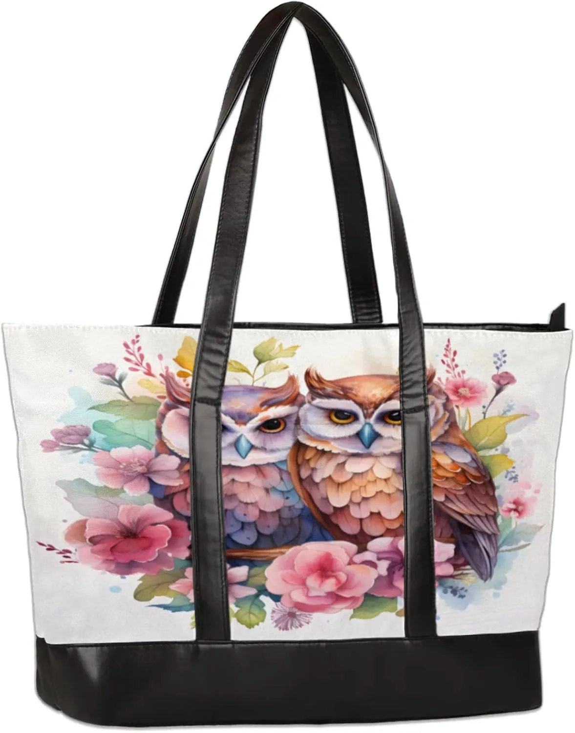 Watercolour Owls Flower Laptop Tote Bag for Women Lightweight Work Purse with Multiple Compartments Fits 13-15.6 Inch Laptop Tablet Shoulder Bag for Office Travel Daily Use