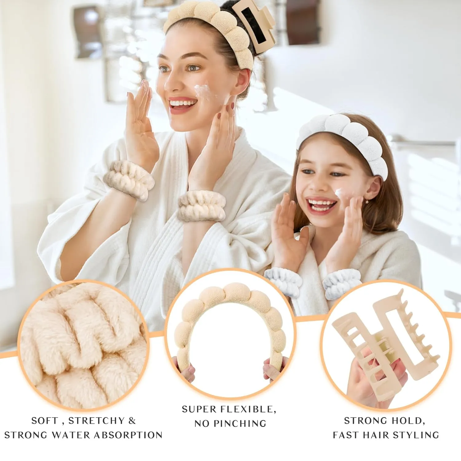 Wecoe White Khaki Spa Headband And Wristband Set Skincare Headband For Washing Face Hair Claw Clips For Thick Hair Cute Puffy Sponge Bubble Makeup Headband Wrist Towels Scrunchies For Women Girls