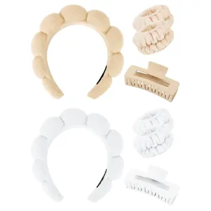 Wecoe White Khaki Spa Headband And Wristband Set Skincare Headband For Washing Face Hair Claw Clips For Thick Hair Cute Puffy Sponge Bubble Makeup Headband Wrist Towels Scrunchies For Women Girls
