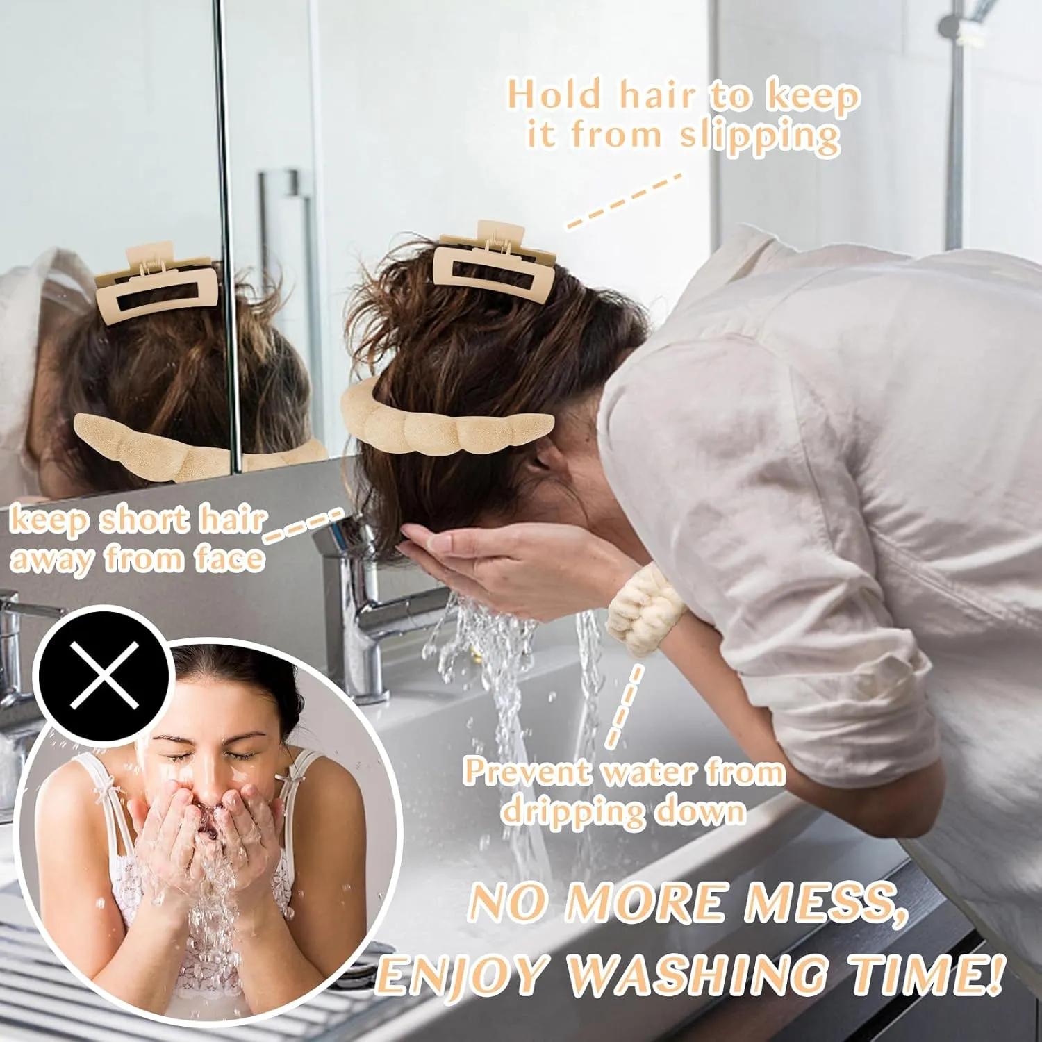 Wecoe White Khaki Spa Headband And Wristband Set Skincare Headband For Washing Face Hair Claw Clips For Thick Hair Cute Puffy Sponge Bubble Makeup Headband Wrist Towels Scrunchies For Women Girls