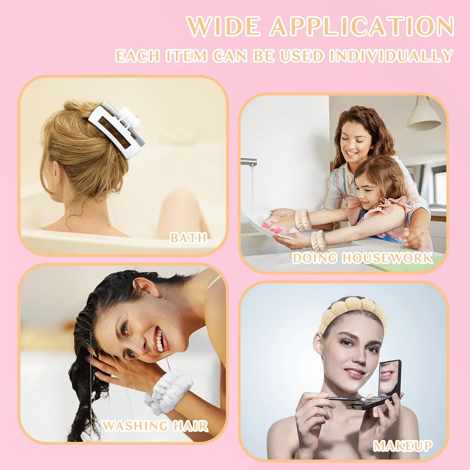 Wecoe White Khaki Spa Headband And Wristband Set Skincare Headband For Washing Face Hair Claw Clips For Thick Hair Cute Puffy Sponge Bubble Makeup Headband Wrist Towels Scrunchies For Women Girls