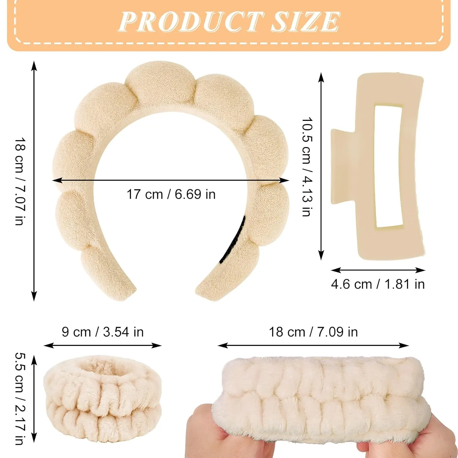 Wecoe White Khaki Spa Headband And Wristband Set Skincare Headband For Washing Face Hair Claw Clips For Thick Hair Cute Puffy Sponge Bubble Makeup Headband Wrist Towels Scrunchies For Women Girls
