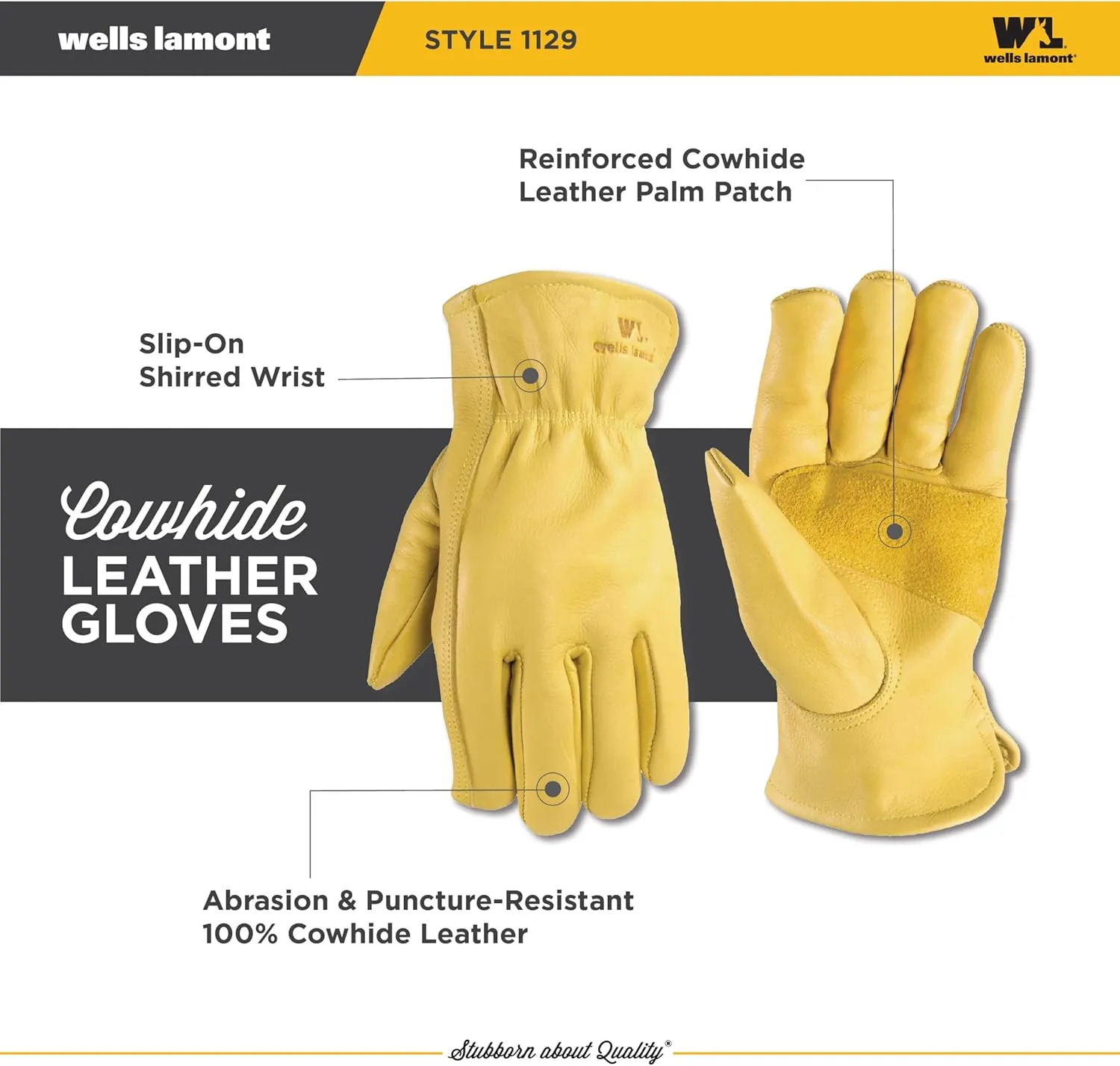 Wells Lamont Leather Work Gloves for Men, Reinforced Cowhide with Palm Patch, Saddletan, Large (1129L)