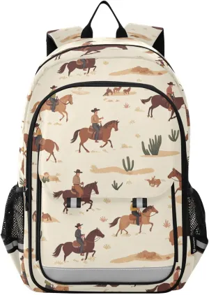 Western Pony Cowboys Backpack for Boys Girls Elementary School Bag Kids Bookbag Travel Rucksack With Reflective Stripes