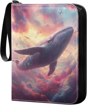 Whale Floating Colorful Clouds Cards Binder 4 Pocket Fits 400 Cards with 50 Removable Sleevesves, Trading Card Collector Zipper Album Holder Portable Card Games Display Storage Cases