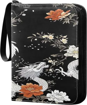 White Dragons Card Binder 4 Pocket Collectible Trading Card Albums with 50 Sleeves Double Side PU Waterproof 3 Ring for Sports & Game Cards