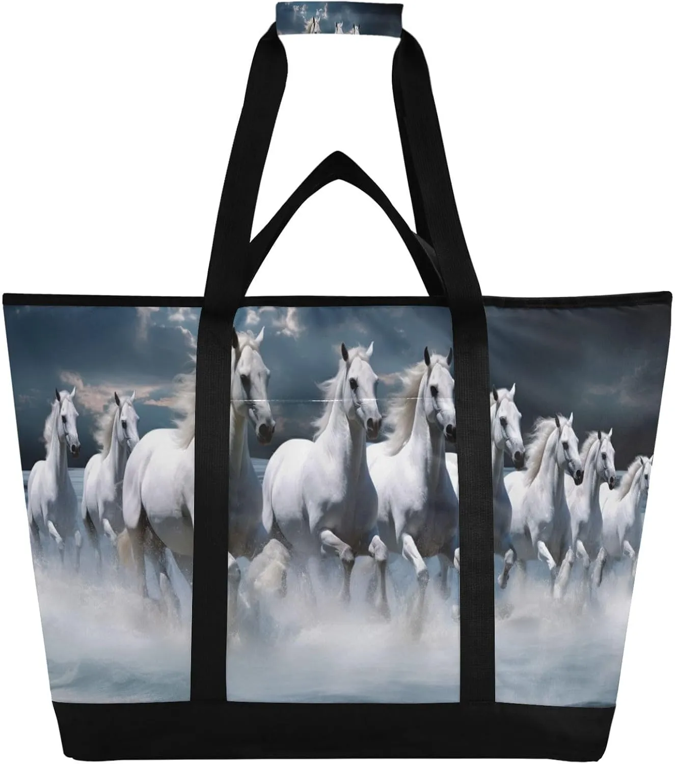 White Horse Reusable Insulated Lunchbox Cooler Bag, Leakproof Kitchen Grocery Bag Collapsible Portable Cooler Tote Bag for Picnic, Camping, Office, Travel